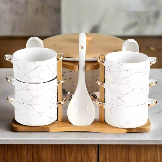 Ceramic Soup Set with Wooden Stand