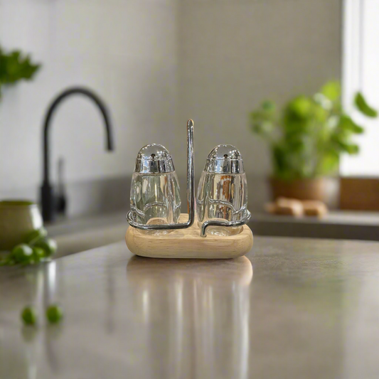 Crystal Pepper and Salt Containers with Wooden Stand -