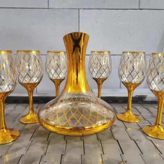 Luxury Golden Shaded Patterned Crystal Decanter with 6 Glasses - 7 piece set