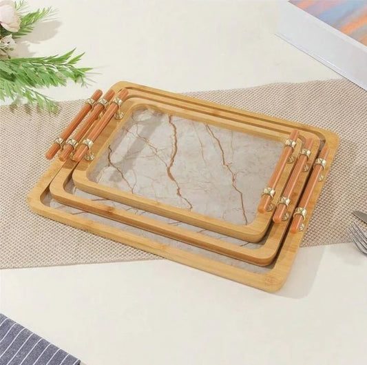 Vintage Style Beige Marble Printed Bamboo Wood Serving Tray