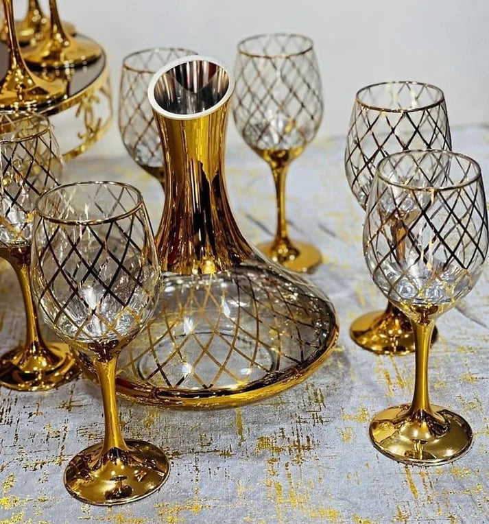 Luxury Golden Shaded Patterned Crystal Decanter with 6 Glasses - 7 piece set