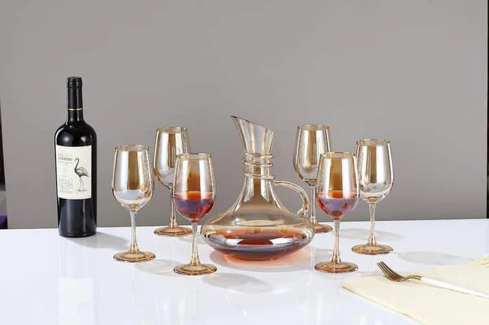 Luxury Two Tone Crystal Decanter with 6 Glasses - 7 piece set (GOLD)