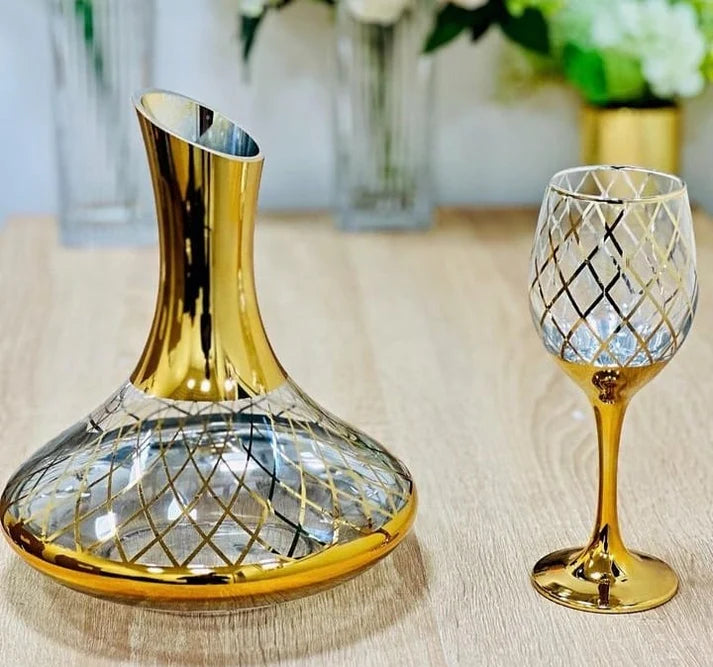 Luxury Golden Shaded Patterned Crystal Decanter with 6 Glasses - 7 piece set